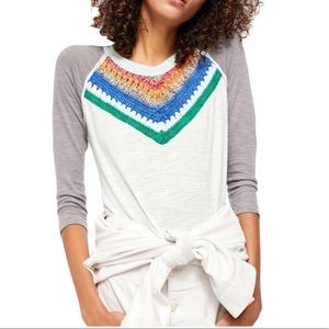 Free People White Spring Bound Multi-Color Crochet Back Raglan Top Size XS